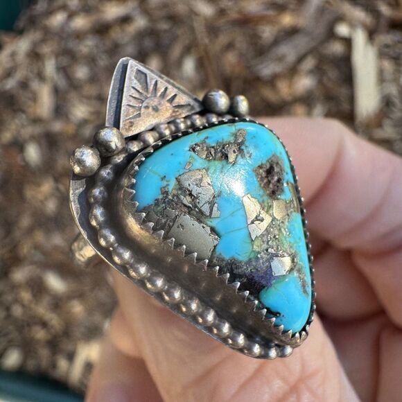 Sleeping Beauty Turquoise Ring w/ Pyrite in 925 Sterling Silver Handmade 7 1/4 - Picture 2 of 14